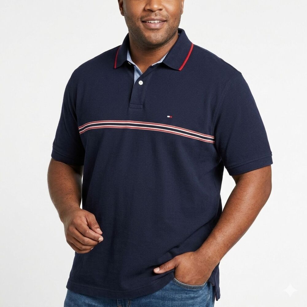 Tommy Hilfiger Polo Shirt Men’s XL‎ Blue Vintage 90s Colorblock Stripe Prep